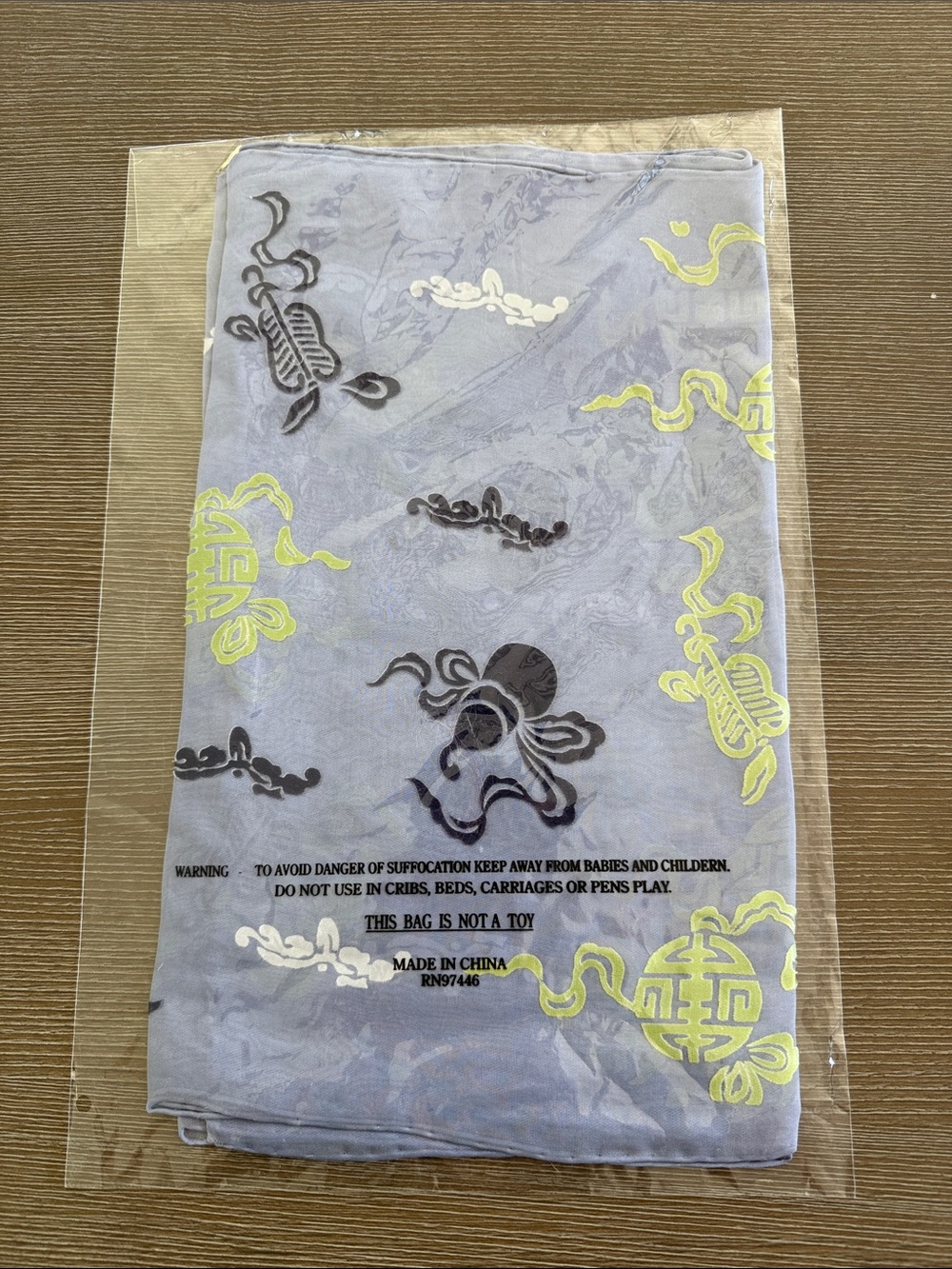 Shanghai Tang Light Blue Silk Scarf with Yellow and Dark Purple Motifs